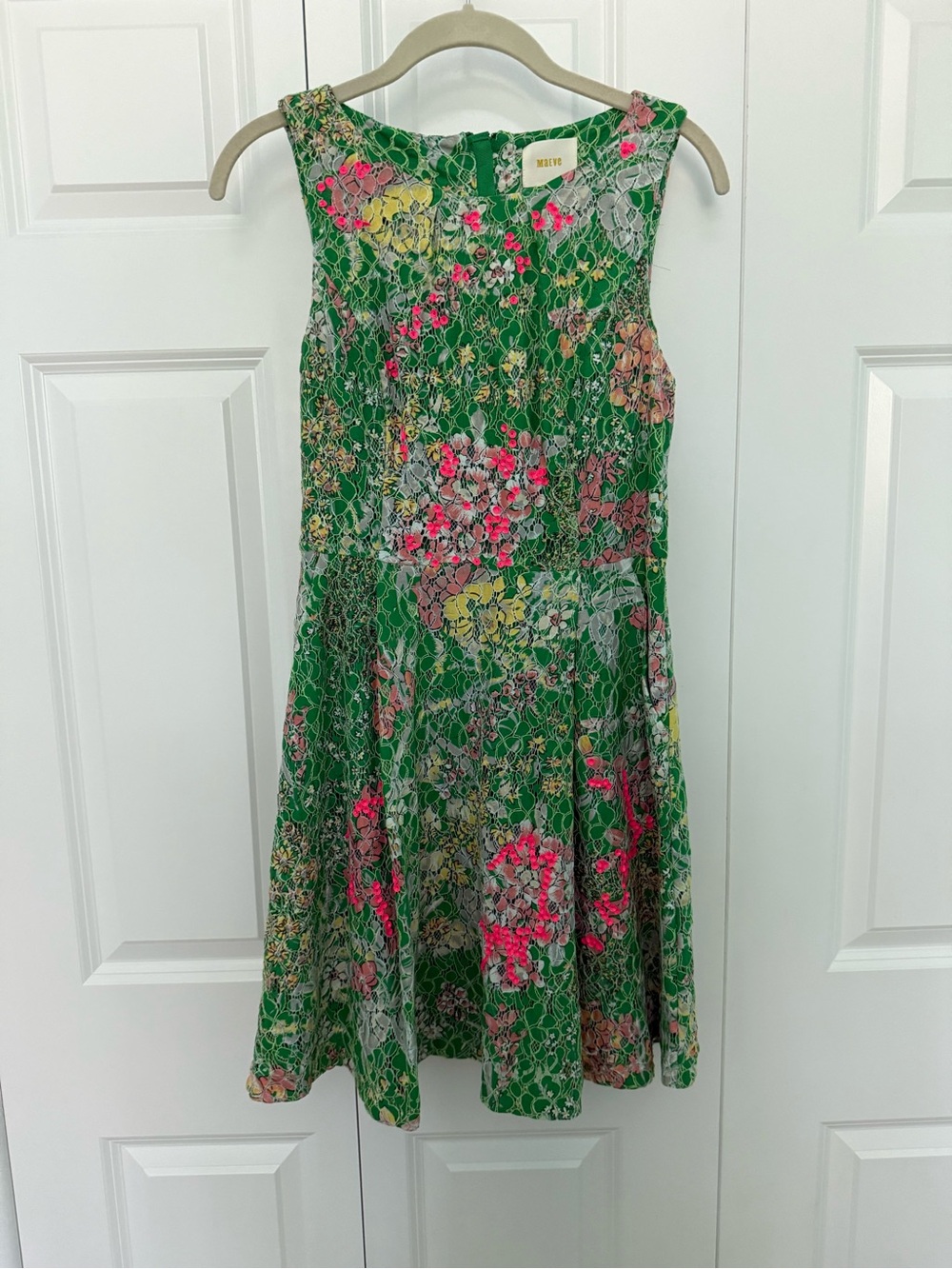 Maeve Green Floral Lace Dress with Pink Accents